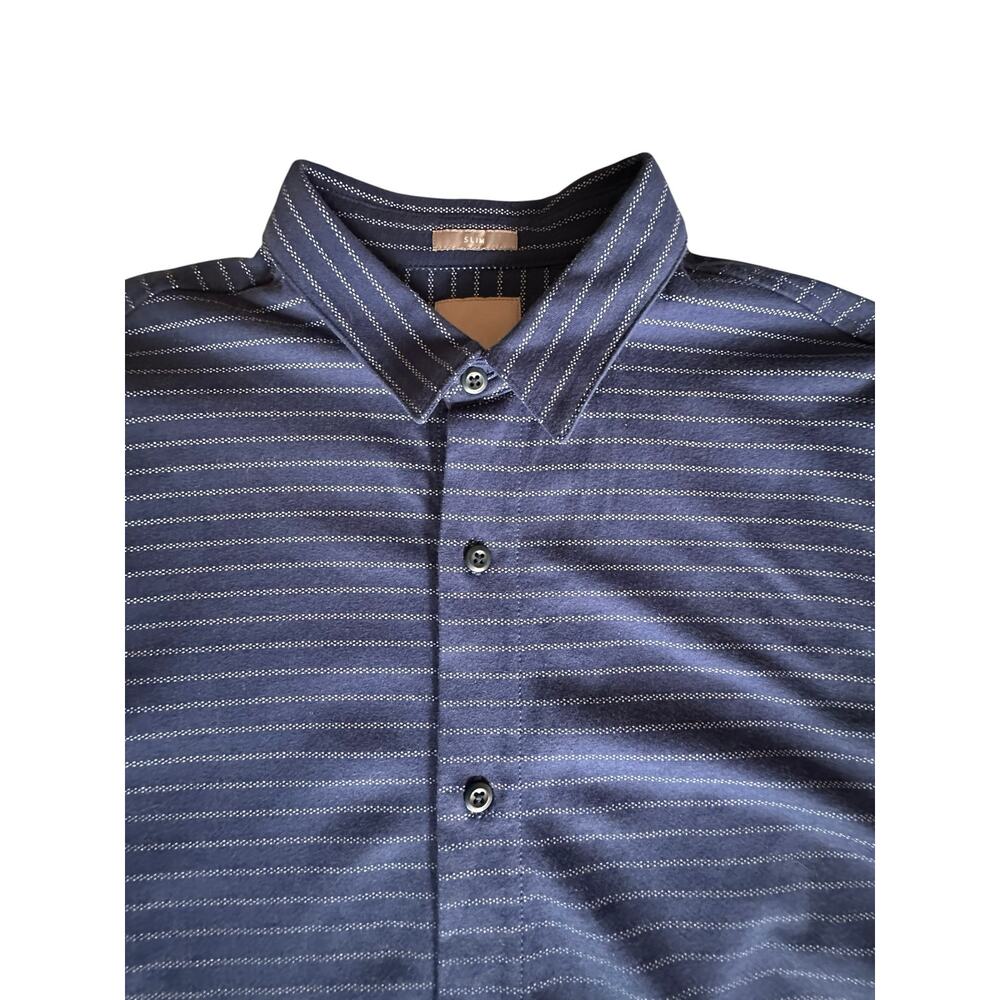 A-FRAME Navy Striped Slim Fit Button Down Shirt M Quiet Luxe Coastal Preppy NWOT